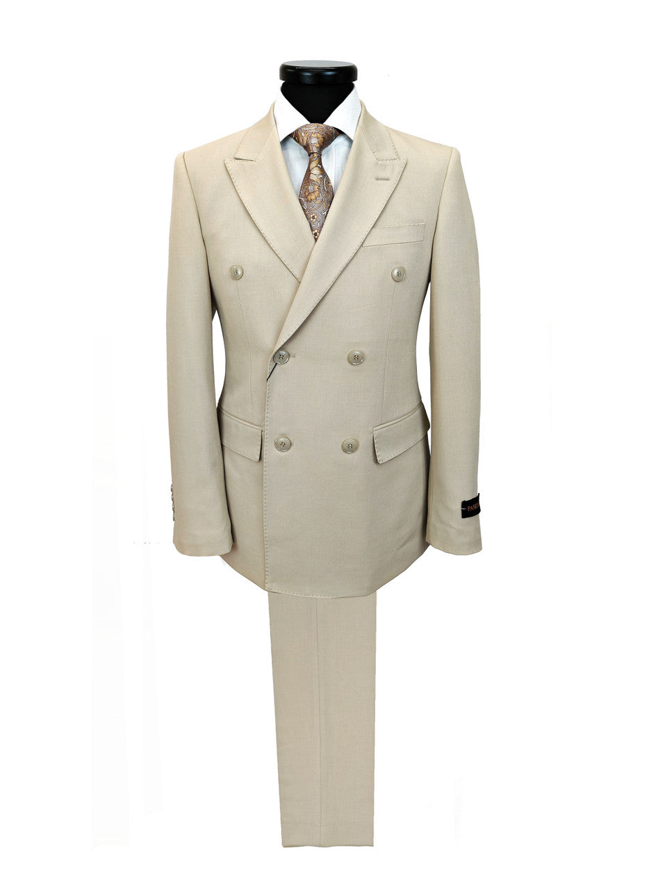 Beige Double-Breasted Slim Fit Suit